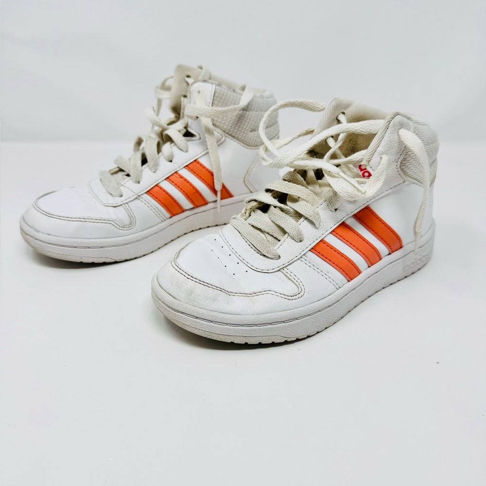 Adidas Hoops Kids Sneakers in White and Coral; Size 3